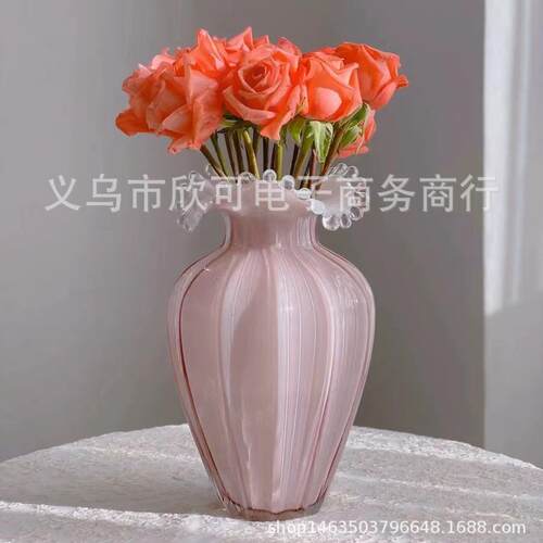 轻奢欧式简约粉色浪花口花瓶手工制作台面花插家居装饰样板间装饰