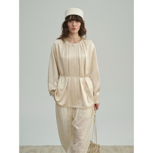 INTOAMOR春夏女领口打褶长袖 外套上衣 圆领流苏腰带醋纤混纺中长款