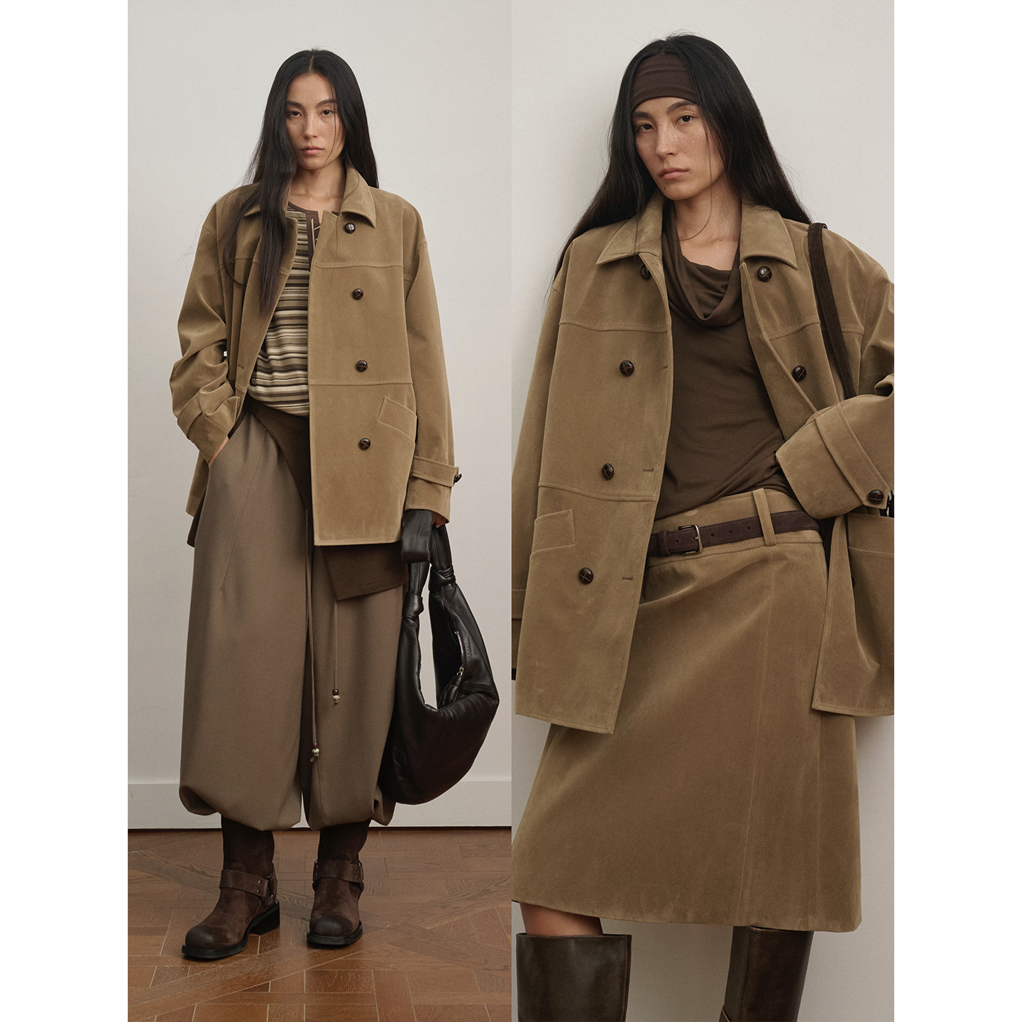 INTO AMOR秋冬女仿麂皮廓形翻领中长款外套+直筒中长款半身裙套装