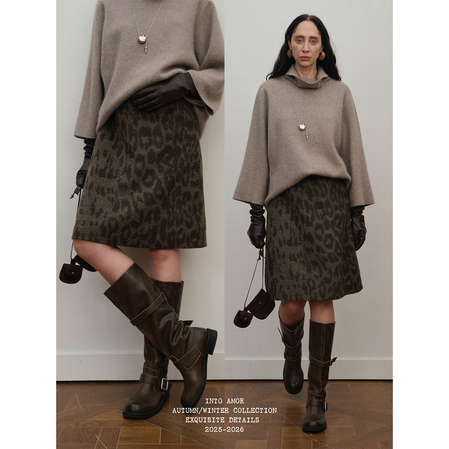 INTO AMOR冬季女老钱风设计感豹纹中长直筒半身裙