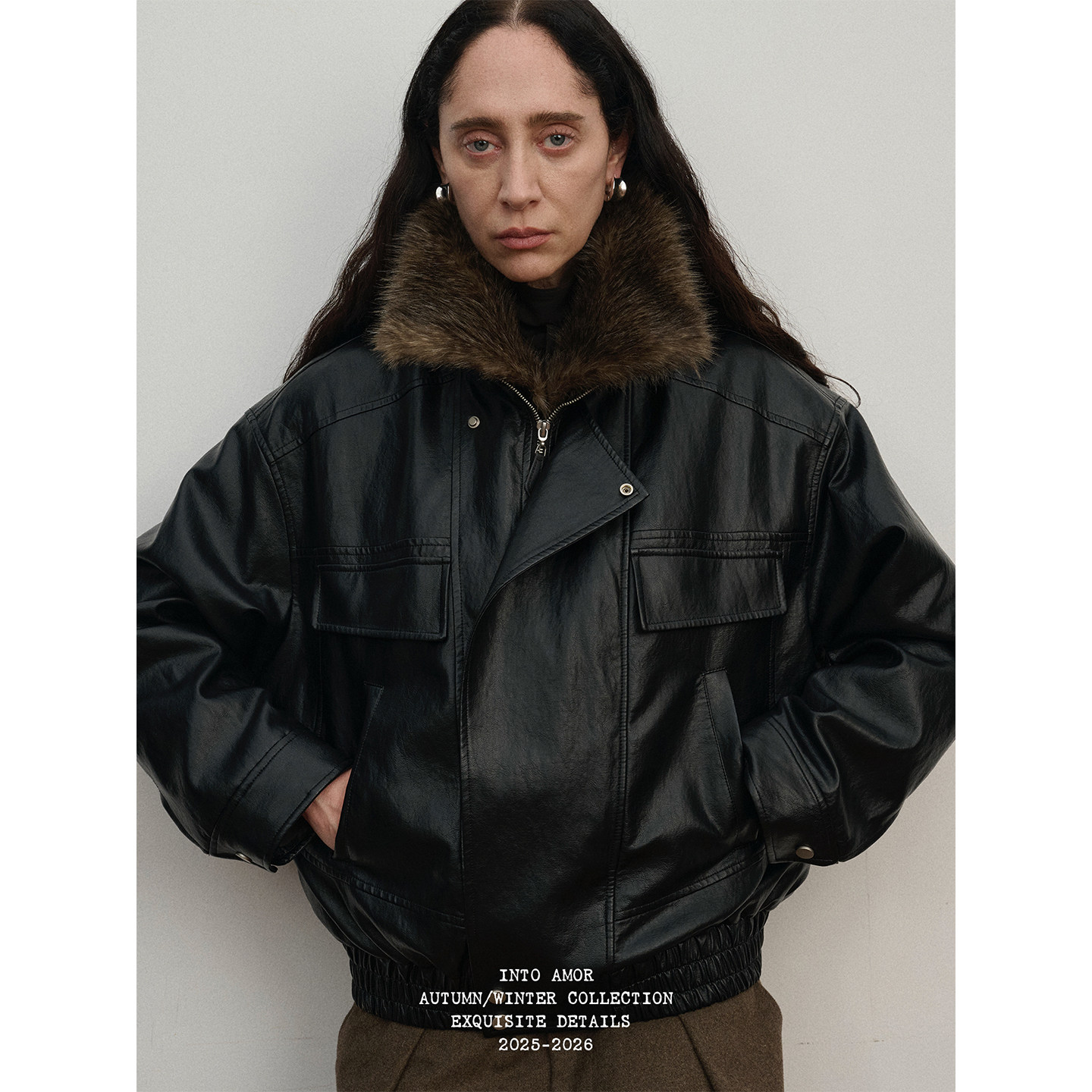 INTO AMOR环保皮草环保皮90白鸭绒羽绒服宽松短款夹克外套