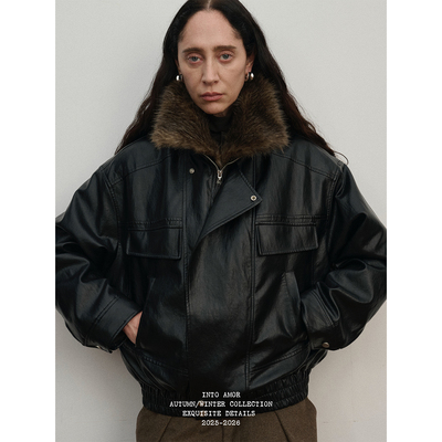 INTO AMOR环保皮草环保皮90白鸭绒羽绒服宽松短款夹克外套