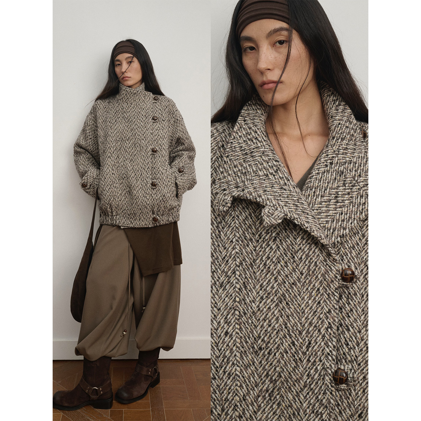 INTO AMOR秋冬女设计感老钱风羊毛混纺立领斜门襟廓形夹克外套