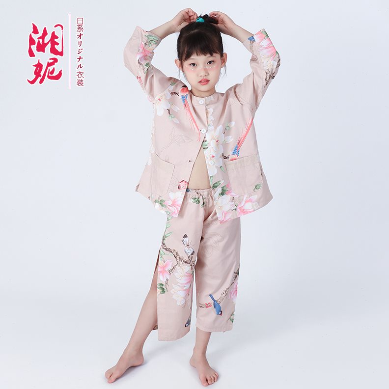 长袖儿童前后纯棉家居服女童开侧米艾灸服汤色睡衣可爱汗蒸服泉扣