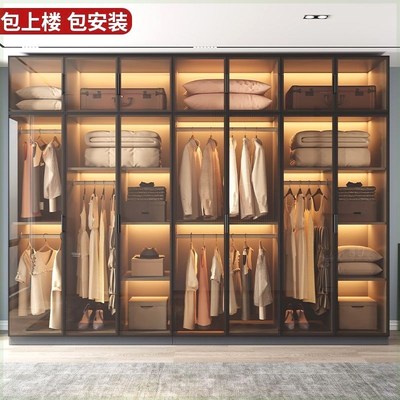 衣柜家用卧室玻璃门实木简易储物柜子四门六门推拉收纳柜定制衣橱