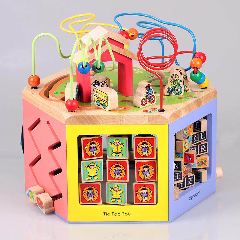 大号六面大绕珠串珠百宝箱1-3岁宝宝早教益智力木制玩具