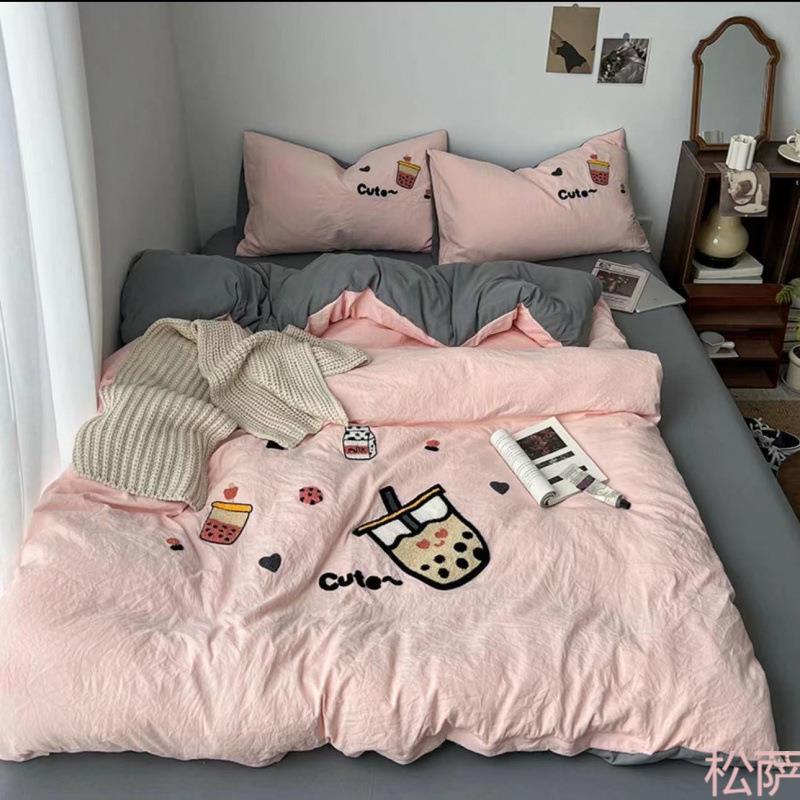 简约毛巾绣加厚磨毛床单被套四件套床上用品学生宿舍3件套床笠