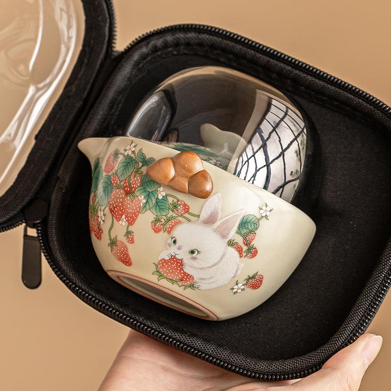 汝窑草莓兔旅行茶具套装便携式户外露营茶壶茶杯可开片陶瓷快客杯