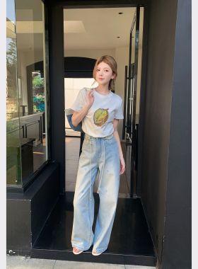 米叨叨aele春夏休闲时尚设计感宽松刺绣浅蓝色直筒阔腿裤牛仔裤女