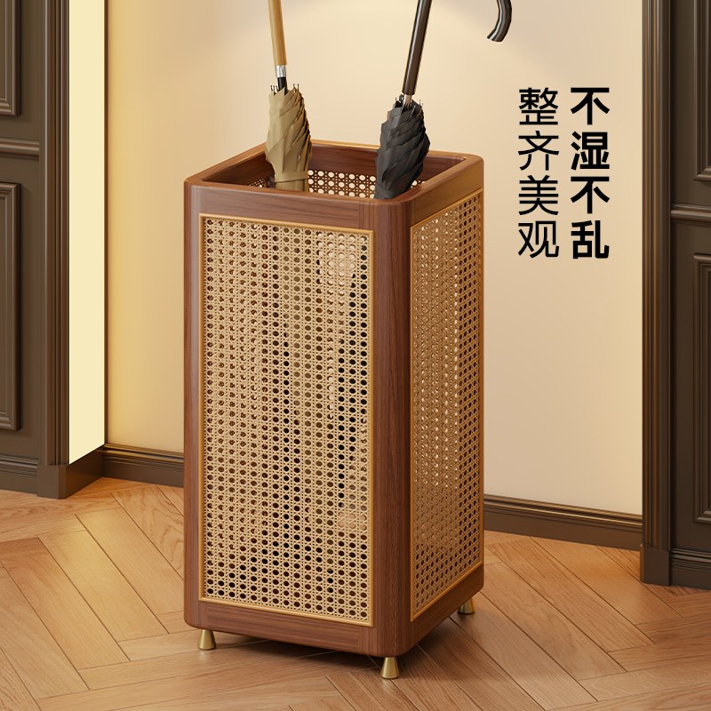 实木雨伞收纳架中式藤编玄关入户伞架置物架子家用门口落地雨伞桶