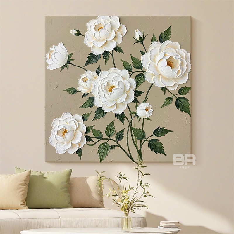 法式奶油风白色玫瑰花肌理纯手绘油画花卉卧室床头挂画客厅装饰画图片
