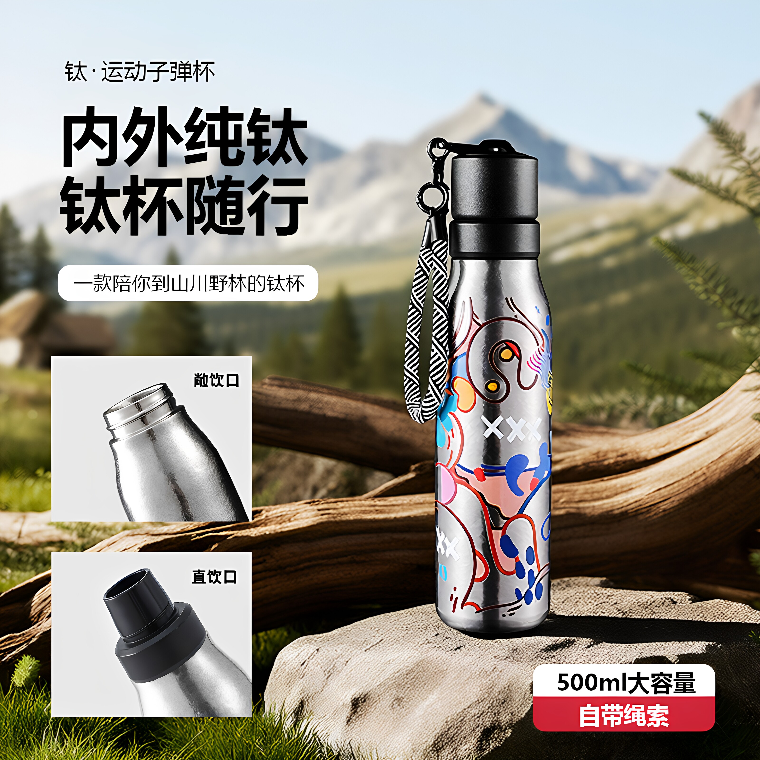 户外纯钛便携保温杯茶水分离