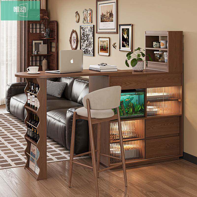 全实木吧台餐边柜可收缩伸缩餐桌窄岛台家用客厅隔断柜一体日式