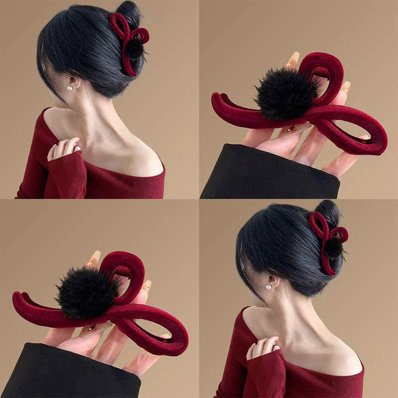 秋冬新年红色丝绒抓夹女高级感毛球发夹后脑勺盘发鲨鱼夹发卡头饰,饰品/流行首饰/时尚饰品新,民族风发饰,淘宝优惠券,粉丝福利购,淘宝优惠卷