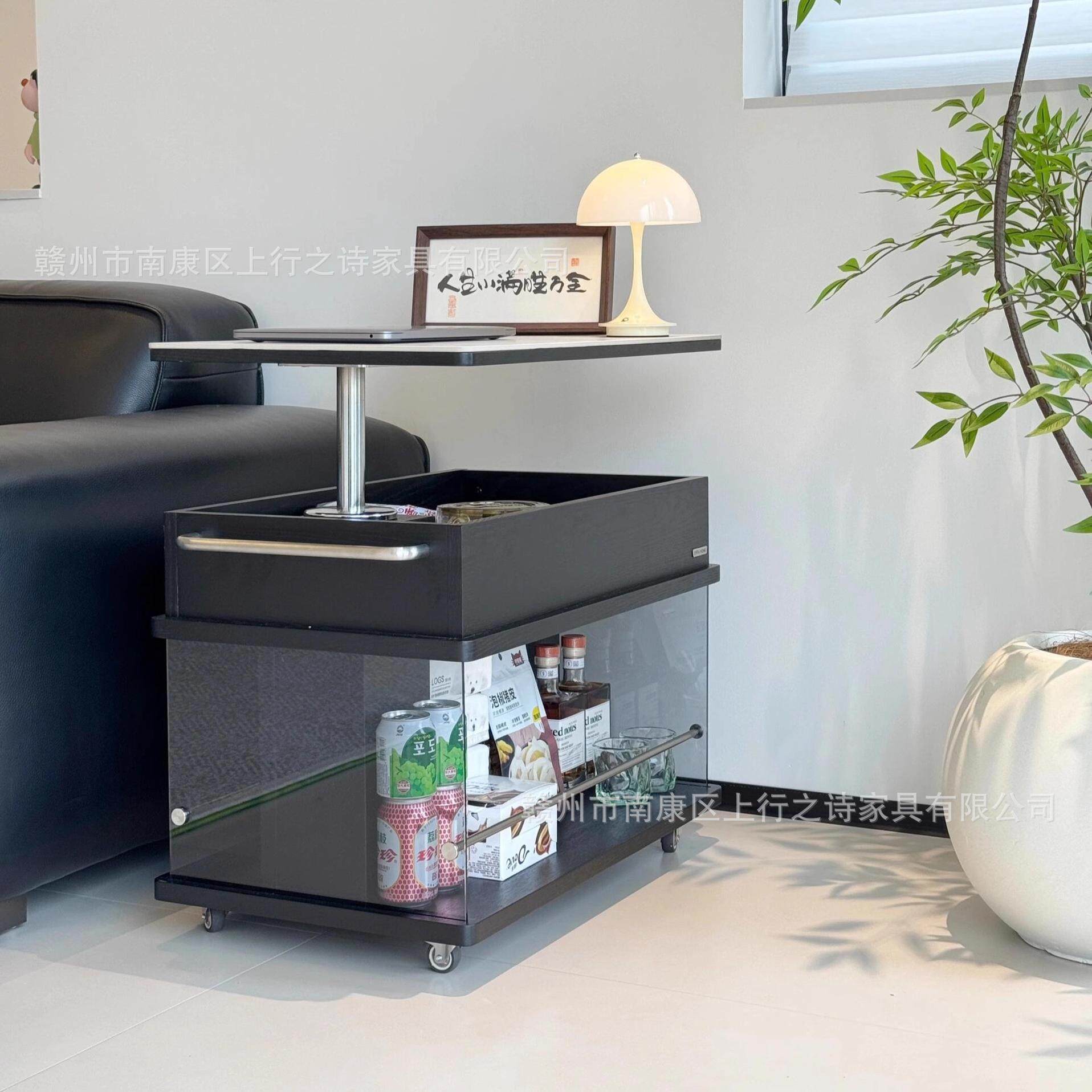 中古风实木茶几客厅高级感家用小户型升降移动边几沙发收纳置物架
