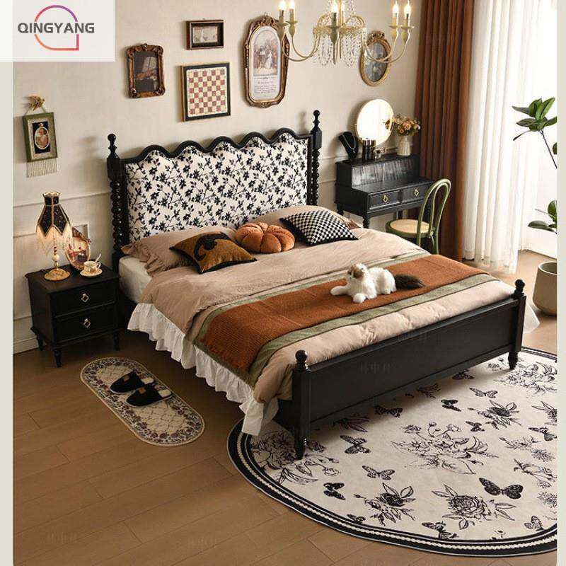 清洋法式实木床复古床1.5主卧1.8美式软包双人床黑色中古风波浪婚
