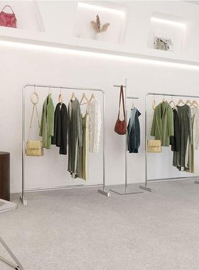 服装店不锈钢拉丝银色男女童店货架展示架落地式挂衣杆中岛陈列架
