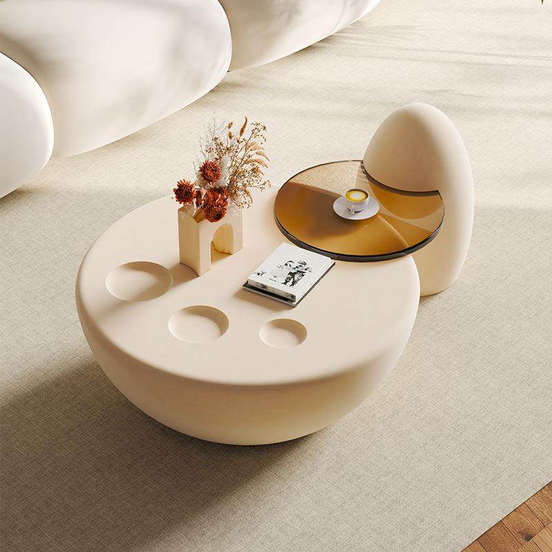 小户型奶油风轻奢网红创意圆形猫爪玻璃茶几组合客厅家用简约现代