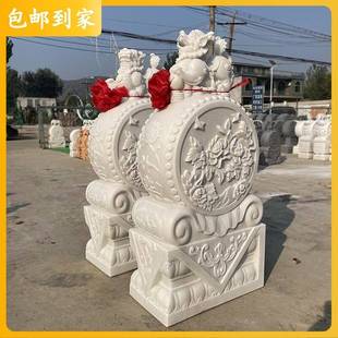 石雕门墩汉白玉抱鼓石一对家用庭院门口青石貔貅狮子小象麒麟摆件