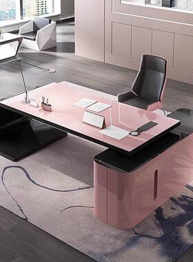 烤漆办公桌时尚简约女士老板桌粉色高端经理桌创意办公室桌椅组合