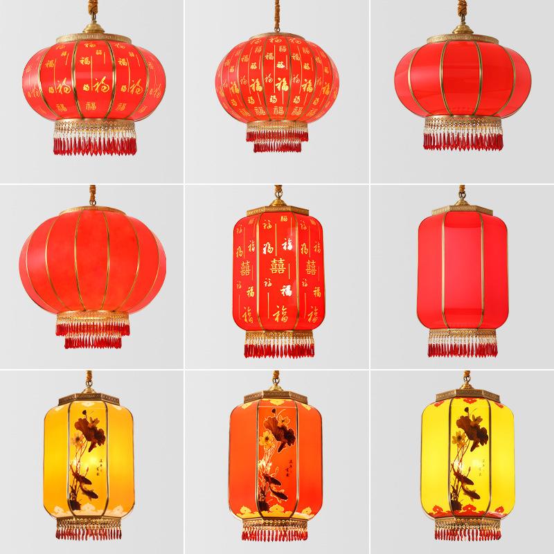 新年灯笼全铜别墅大门户外防水吊灯中国风发光玻璃阳台红灯笼装饰