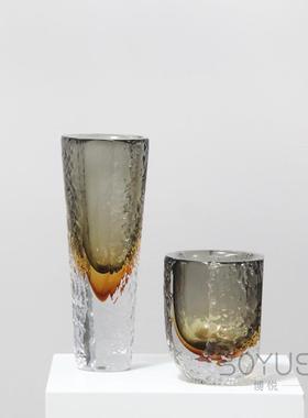 创意简约灰色锤纹渐变琥珀色琉璃花瓶样板房民宿软装鲜花仿真花器