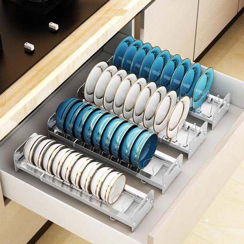 伸缩厨房橱柜拉篮抽屉式碗架304不锈钢柜内小尺寸盘子碗碟收纳架