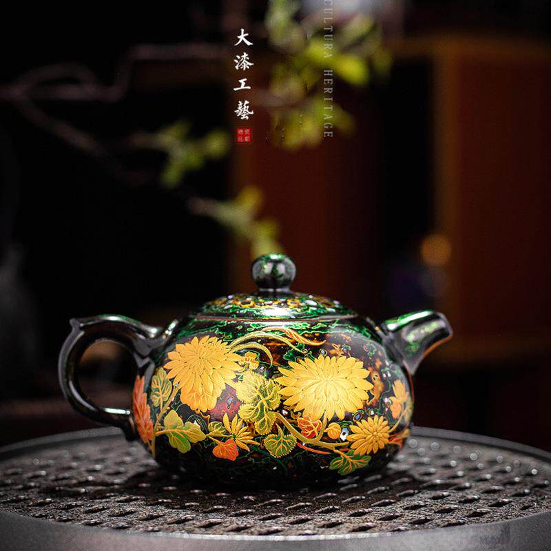 弘一漆器茶具大漆手绘莳绘金菊茶壶中式家用大容量250ML泡茶壶