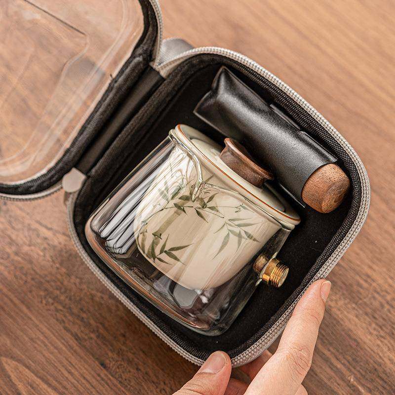 翠绿文竹手绘旅行茶具便携式一壶两杯户外功夫泡茶套装高端侧把壶