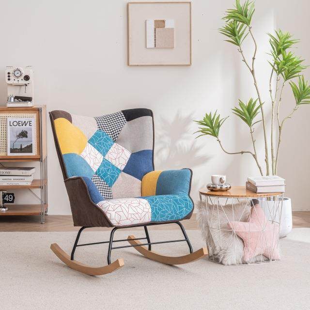 拼布设计摇摇椅实木阳台休闲摇椅客厅懒人沙发育儿哺乳哄睡椅,3C数码配件,USB灯,淘宝优惠券,粉丝福利购,淘宝优惠卷