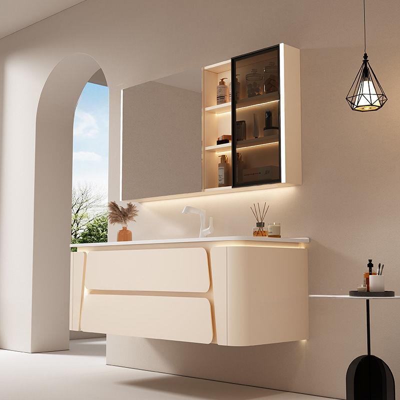 轻奢奶油风卫生间陶瓷一体盆圆角烤漆智能实木浴室柜组合洗漱台盆