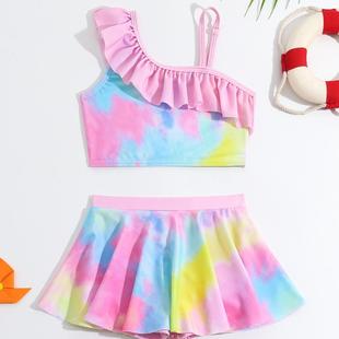 泳装 中大童公主裙式 儿童泳衣彩虹女童分体泳衣两件套时尚 2024新款