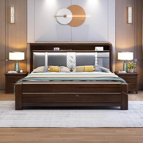 H楎1檬榆紫金檀木实木床1.8x2米双人床主卧大床高箱储物床1.5米单