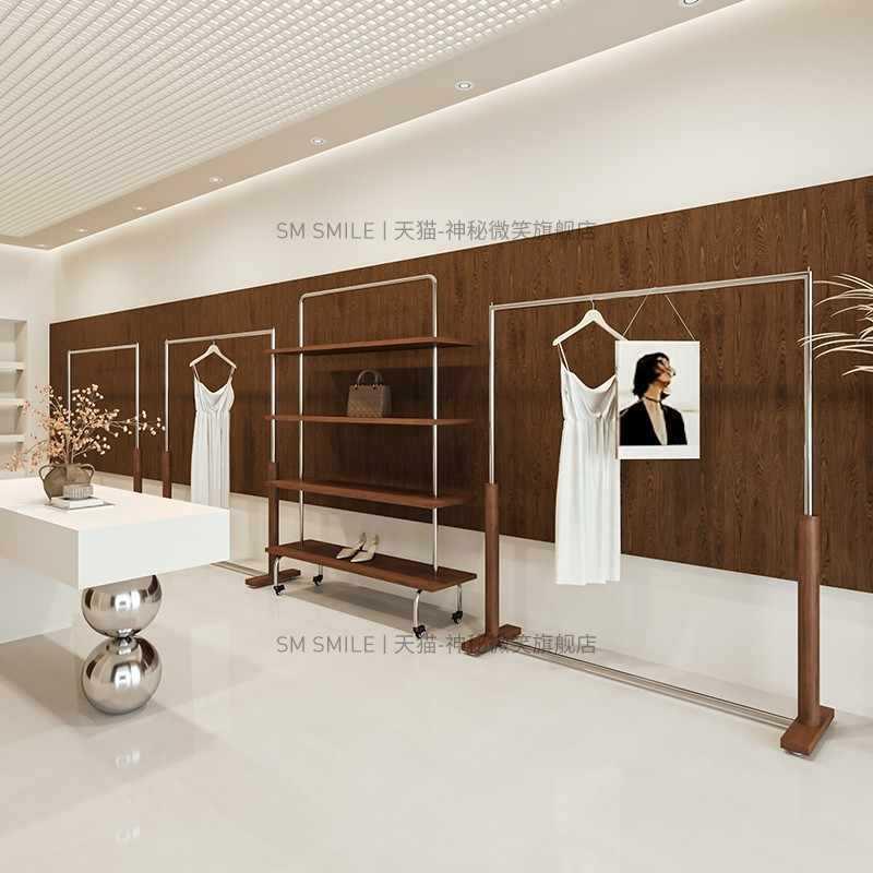 服装店展示架落地买手店不锈钢胡桃色中岛架女装店侧挂衣服货架子