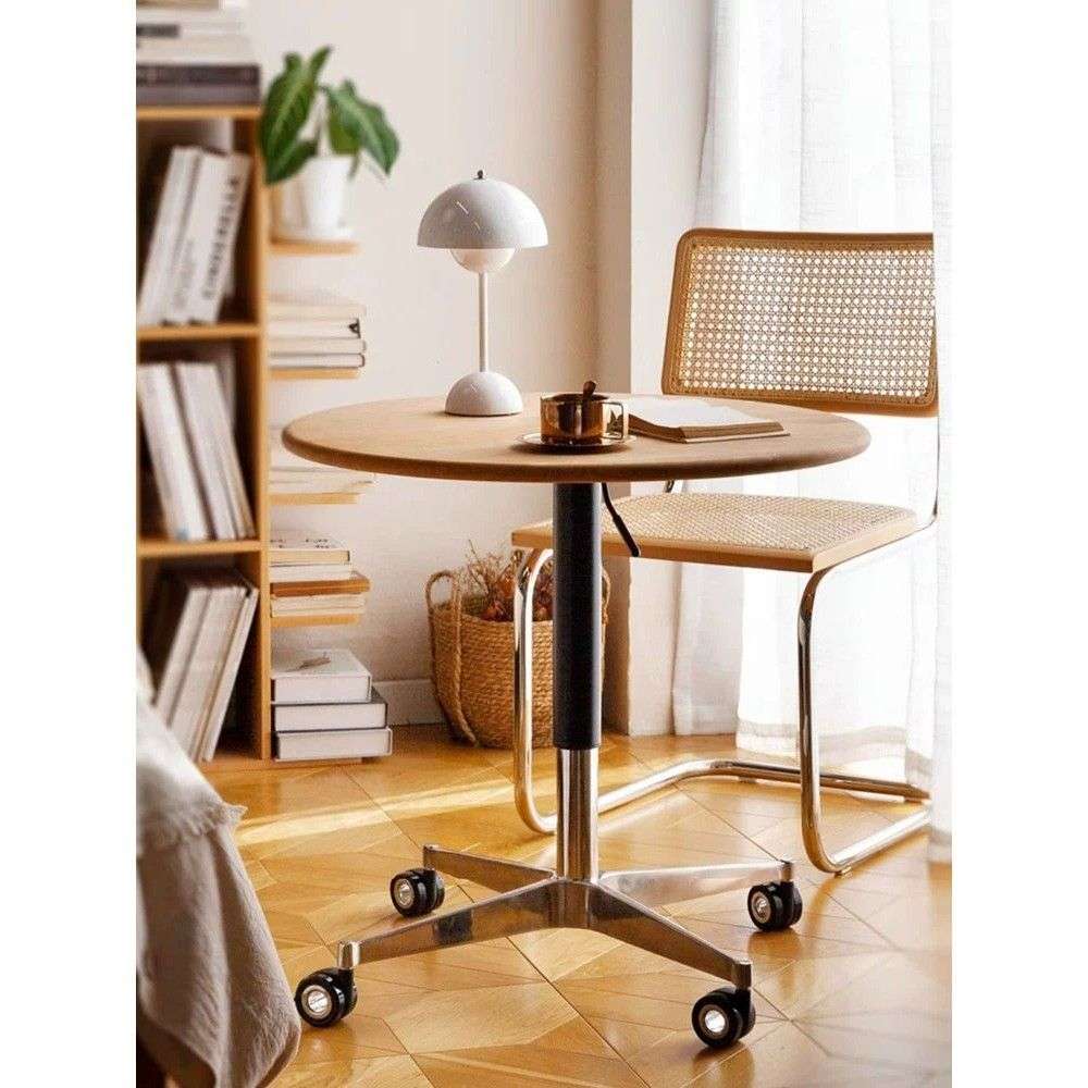 北欧樱桃木边桌边几带轮移动实木升降小茶几中古风家用客厅小圆桌