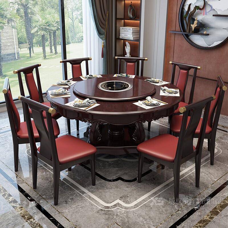 实木餐桌椅组合中式圆形家用10人饭桌带转盘雕花1.8米橡木大圆桌