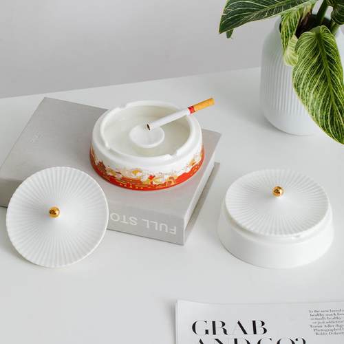 蜀门中国风陶瓷烟灰缸办公室家用简约白色创意带盖防飞灰烟灰缸