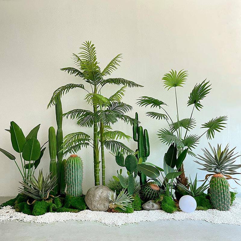 室内仿真绿植造景组合商场橱窗假植物楼梯转角下空间布置露营风