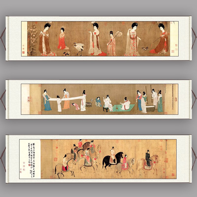 新品 传世名画 绢布材质唐宫仕女图高清艺术微喷捣练图簪花仕女图