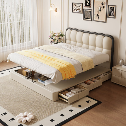 奶油风真皮床主卧室平移气压储物高箱收纳多功能软包大床2x2.2米