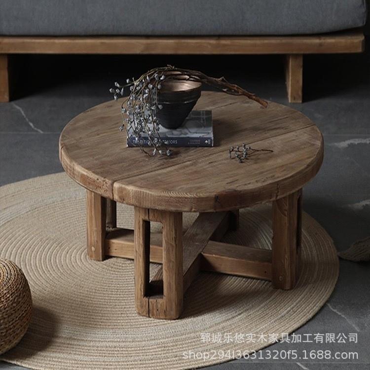 中古风实木茶几圆形沙发桌客厅边几家用小户型茶台做旧矮桌茶几
