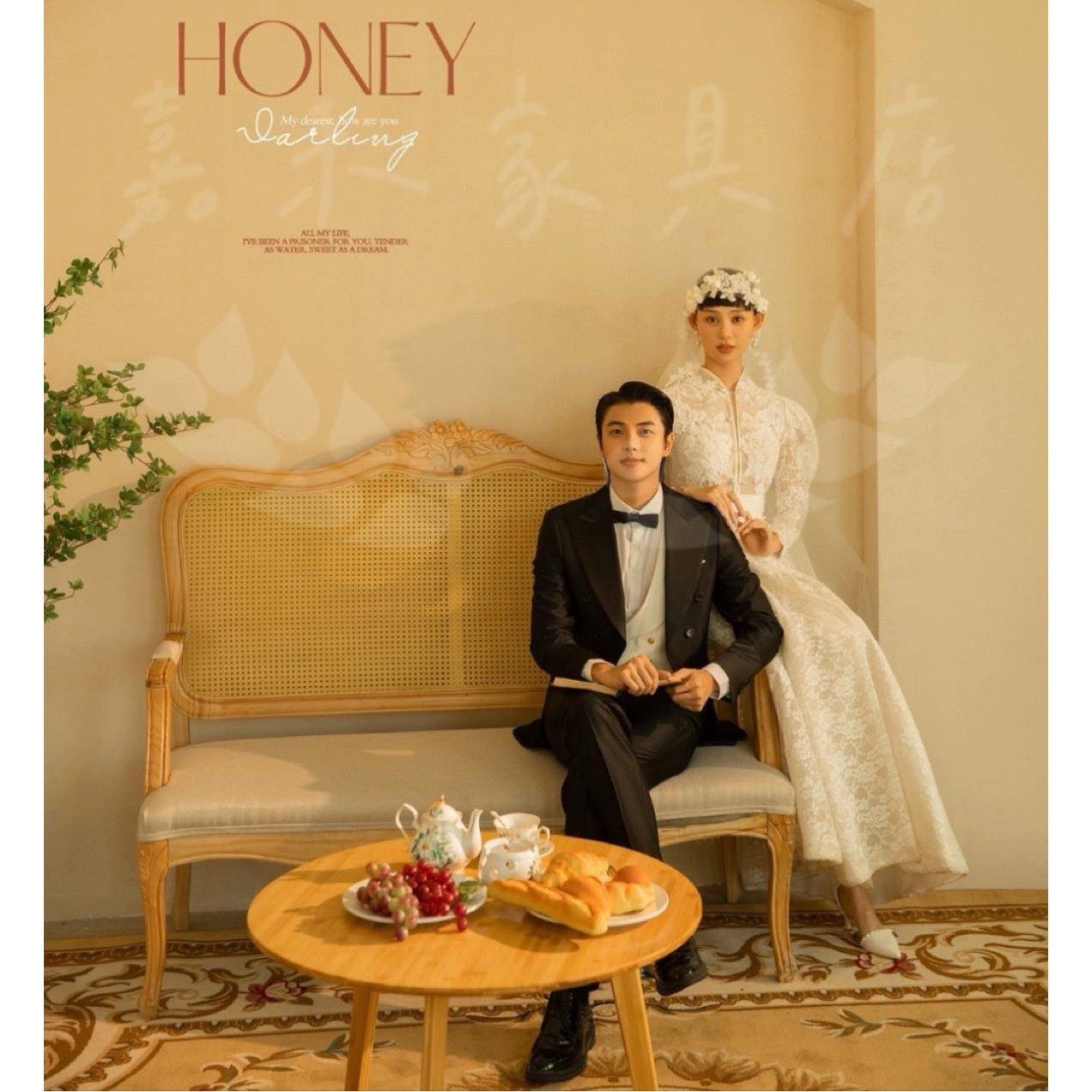 0J美式乡村实木雕花法式藤编金色做旧双人三人沙发影楼摄影民宿沙