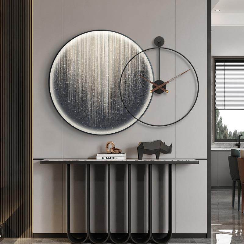 现代简约led灯画圆形装饰画钟表组合画轻奢风抽象挂画晶瓷餐厅画