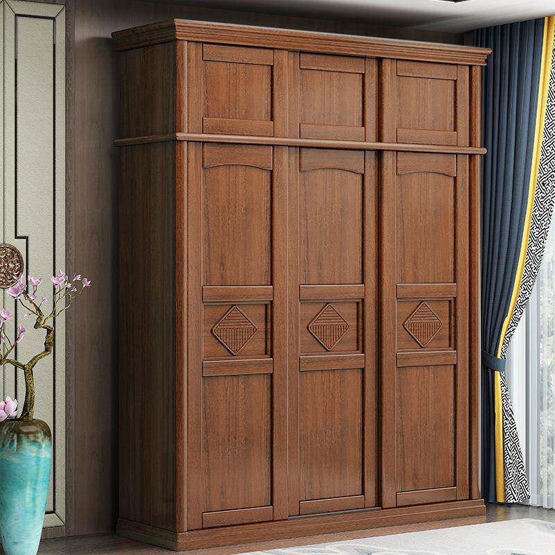 胡桃木实木衣柜家用三门推拉门带妆镜储物衣橱简约现代小户型柜子
