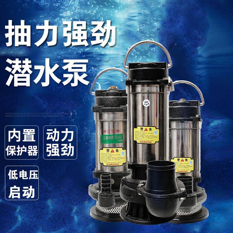 不锈钢潜水泵220V家用小型抽水机农用灌溉水泵含热保护器铸铁泵头