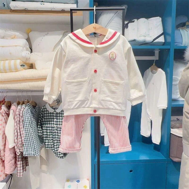 韩国童装 25春男女宝洋气可爱翻领长袖T恤 条纹长裤休闲外出套装,童装/婴儿装/亲子装,套装,淘宝优惠券,粉丝福利购,淘宝优惠卷