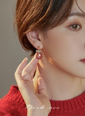 红色串珠圆圈耳环女小众设计感耳钉蚊香盘耳夹无耳洞新年耳饰过年