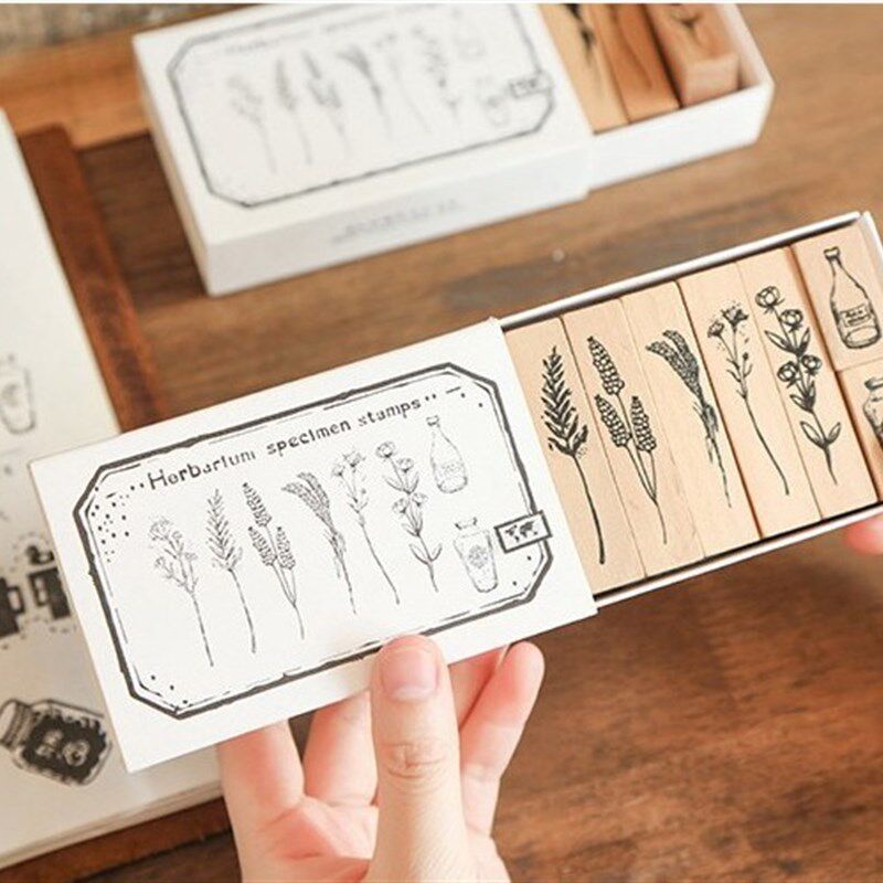 木质印章套装 日记相册手账本装饰章 装饰工具 植物花瓶系列