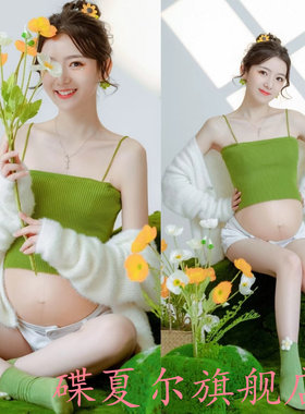 新款孕妇照吊带套装个性日系小清新孕妈拍摄影楼私房俏皮艺术服装