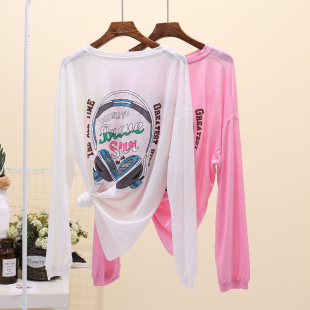 新款 2021夏季 韩版 宽松罩衫 冰丝上衣潮 糖果色t恤防晒衫 薄款 女长袖